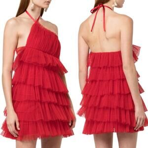 Alexis Raina Tiered Ruffled-Tulle Halter Mini Dress Cherry Red Size Medium